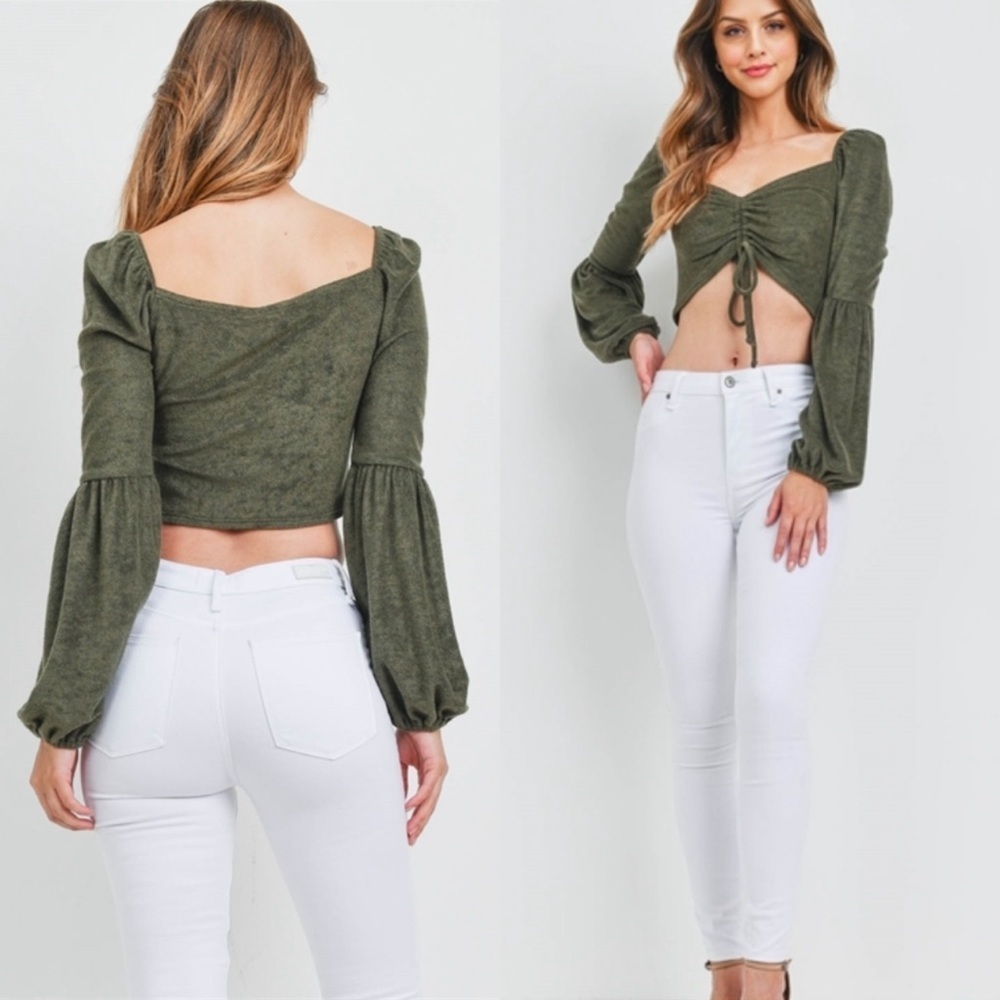 Olive Green Puff Sleeve Boho Casual Crop Top